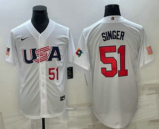 Mens USA Baseball #51 Brady Singer Number 2023 White World Baseball Classic Stitched Jersey